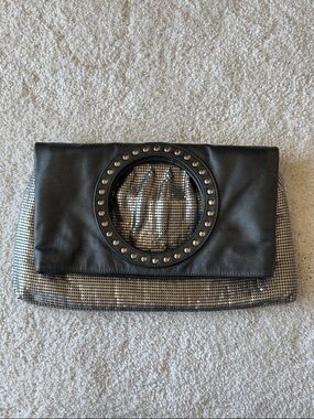 Whiting & Davis Black Stud-Trim Clutch Bag with Metallic Mesh